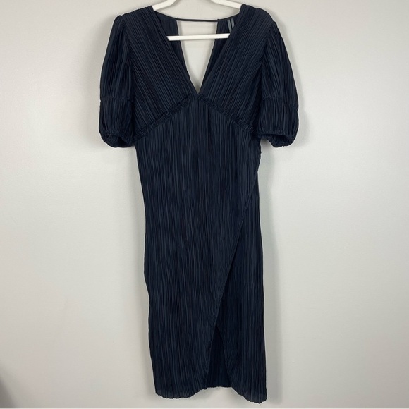 Anthropologie V-Neck Pleated Slim Midi Dress Womens XSP Black Open Back Cut Out - Picture 4 of 12